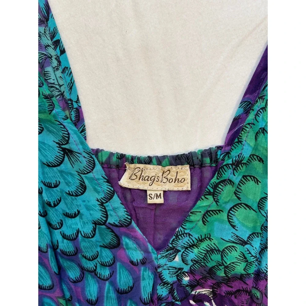 Fairycore Hippie Boho Womens Purple Teal Peacock Cotton Smocked Waist Dress S/M - Picture 5 of 7